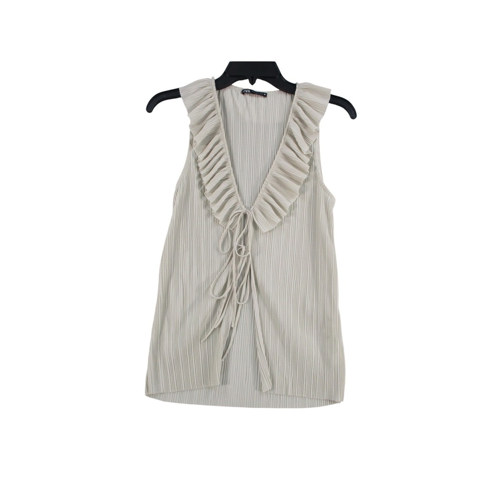 Zara Womens Plisse Pleated Ruffle Tie Front Sleeveless Top Cream Small